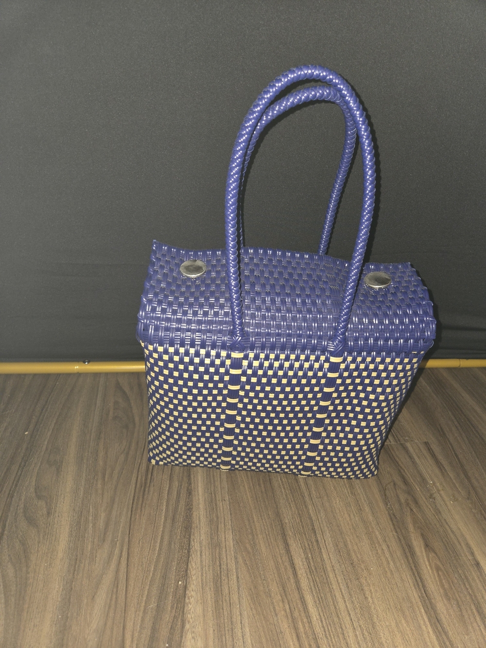 Woven Navy and Natural Tote Bag with Top Handles